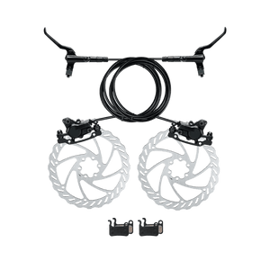 Bicycle brake system with calipers, cables, and rotors on a transparent background