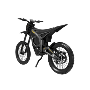 Rear quarter view of the Freego Nova 5 Pro electric bike in black, highlighting the rear suspension and athletic off-road stance