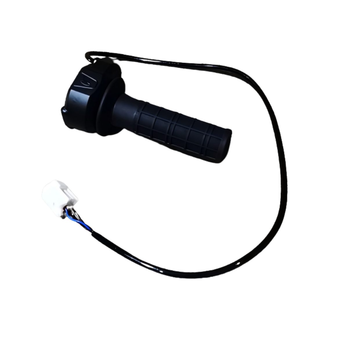 Black motorcycle throttle grip with wiring on a white background