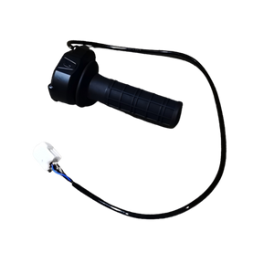 Black motorcycle throttle grip with wiring on a white background