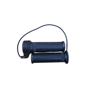 Pair of black motorcycle grips with throttle on a white background