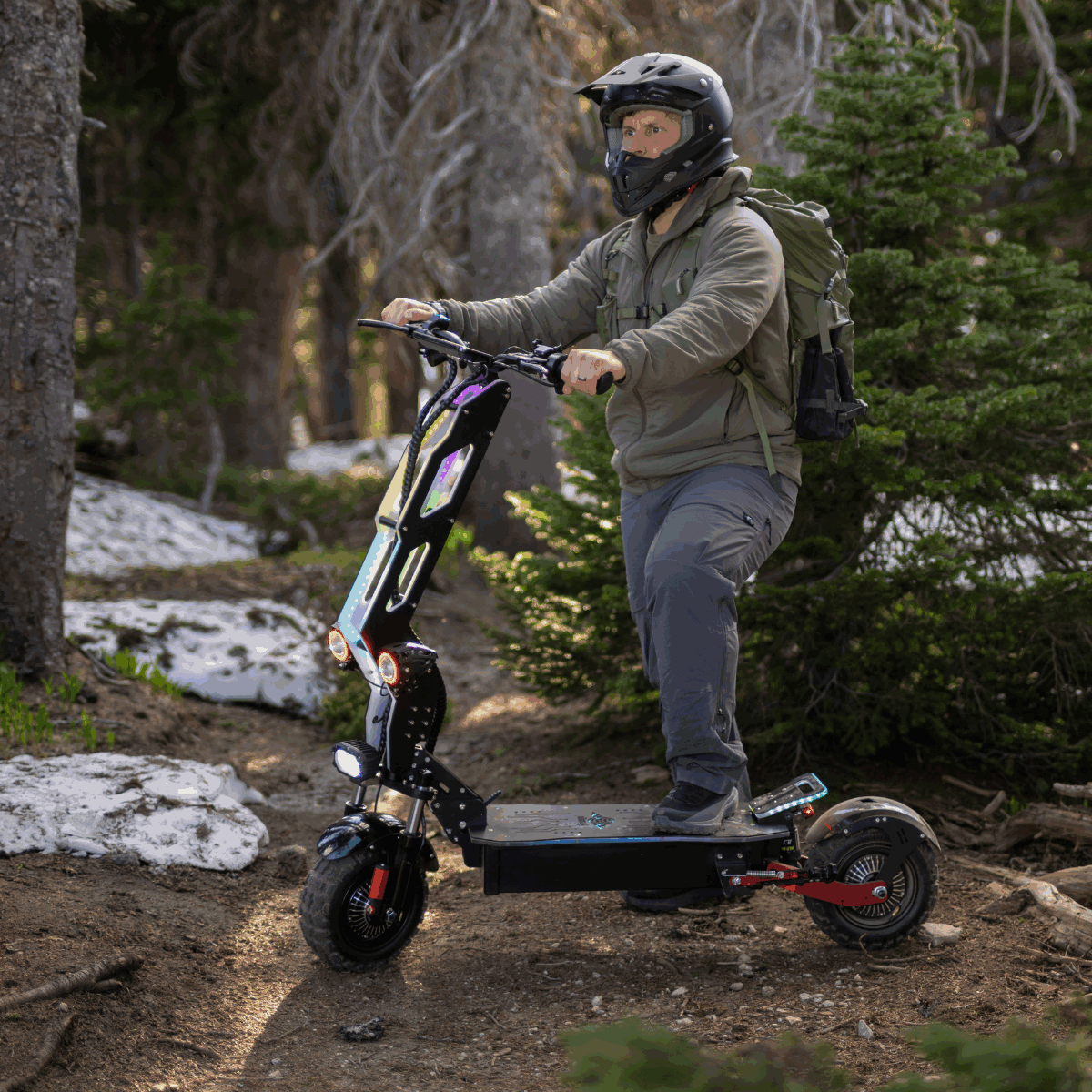 Man with Freego D11 rest in the forest with snow
