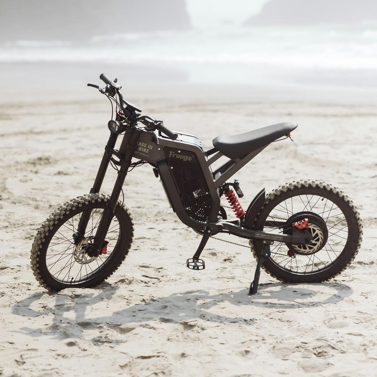Freego electric dirt bike parked on a sandy beach, showcasing rugged off-road design against a scenic coastal backdrop.