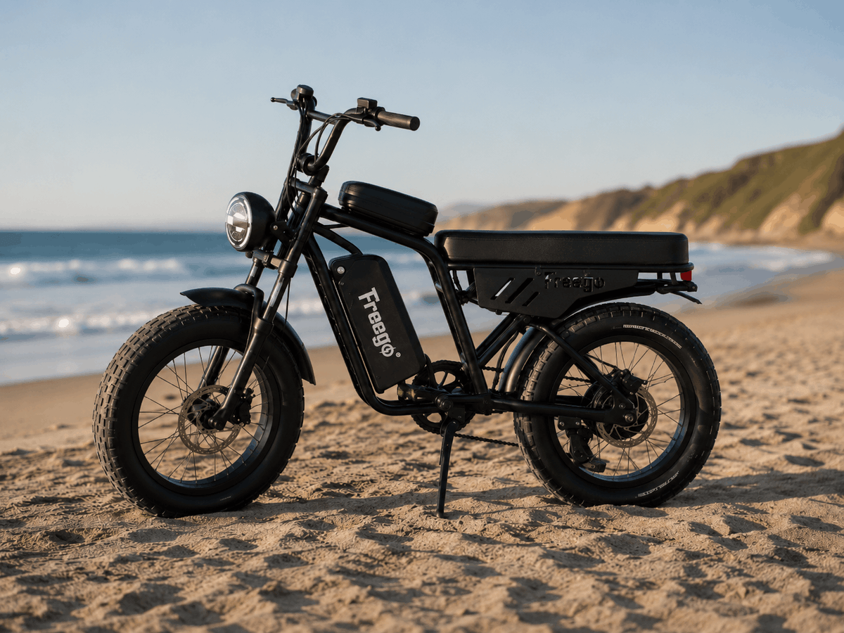 Freego F0 fat tire electric bike side view parked on a sandy beach near the ocean