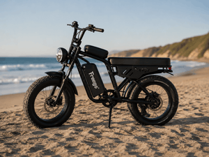 Freego F0 fat tire electric bike side view parked on a sandy beach near the ocean