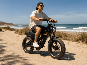 a man riding freego f0 fat tire ebike on near the beach