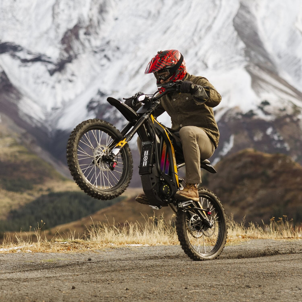 Dynamic outdoor stunt shot of rider with red helmet performing wheelie on Freego N1 electric dirt bike, snow-capped mountain range and wild grass trail background