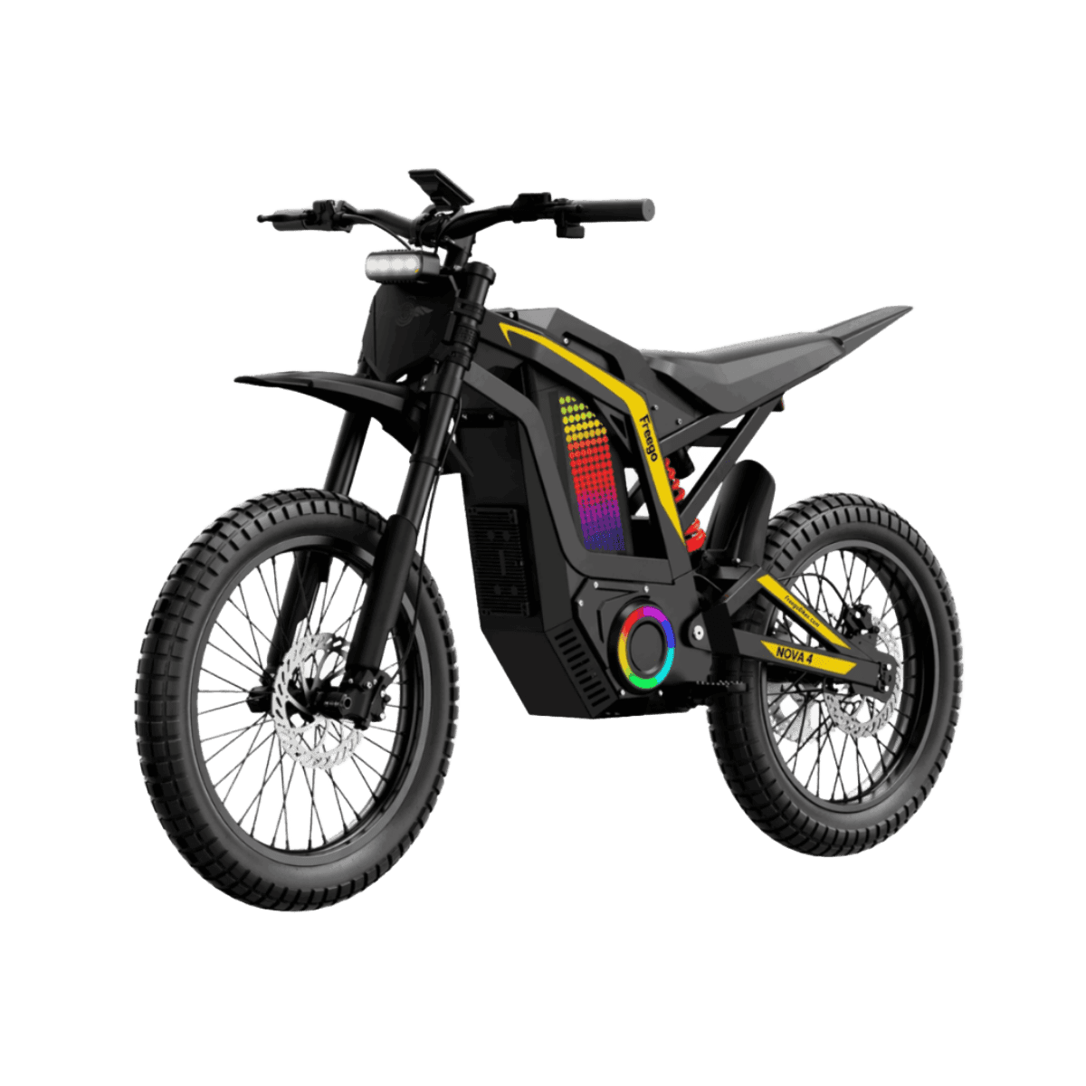 Freego Nova 4 electric dirt bike shown in a front three-quarter view with transparent background.