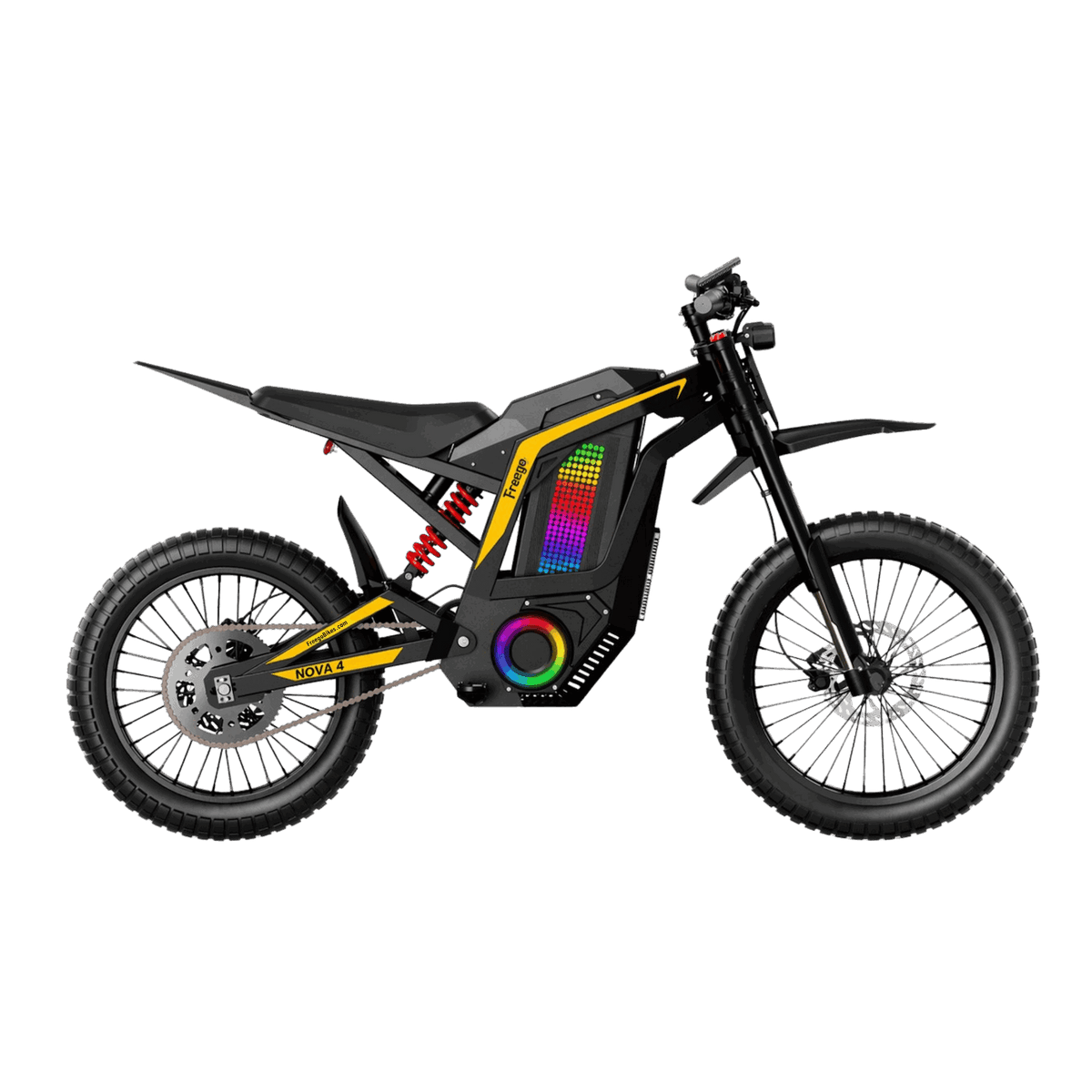 Freego Nova 4 electric dirt bike rear side view with rugged frame and all-terrain tires
