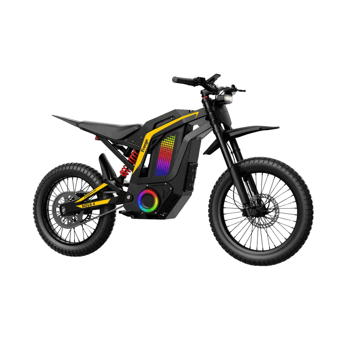 Freego Nova 4 electric dirt bike side profile with mid-drive motor and off-road frame