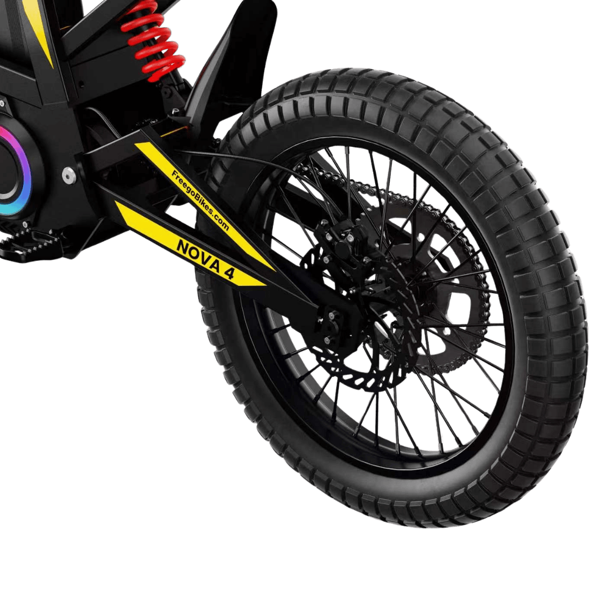 Freego Nova 4 electric dirt bike angled side view on white background with disc brakes and suspension