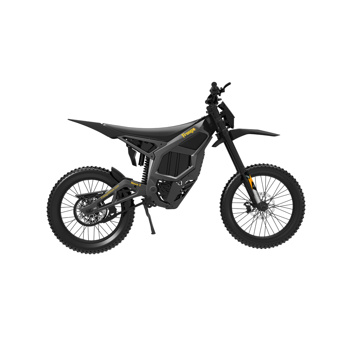 Black Freego Nova 5 Pro electric dirt bike with professional off-road tires and sleek frame design, shown from a full side profile view