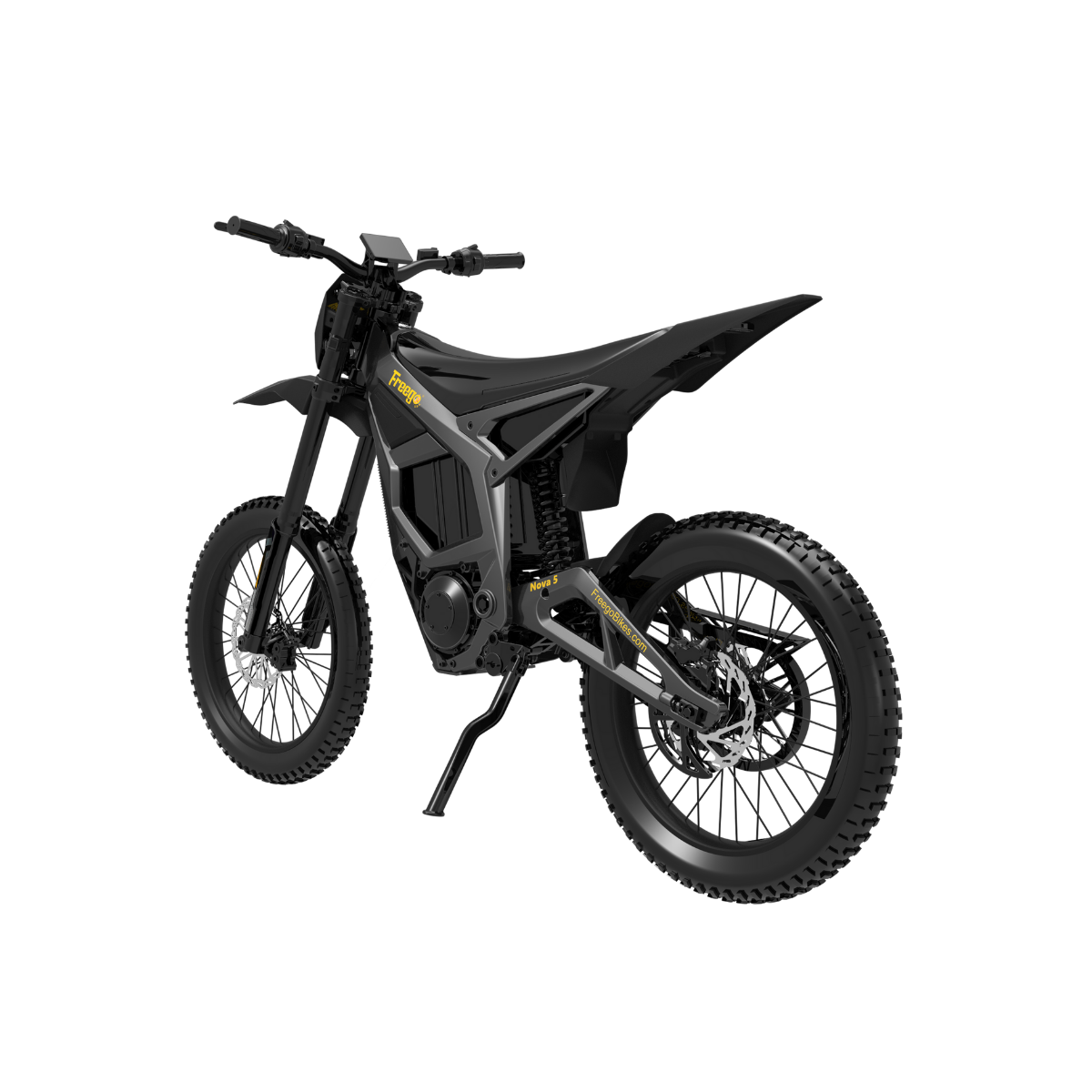 Rear quarter view of the Freego Nova 5 Pro electric bike in black, highlighting the rear suspension and athletic off-road stance