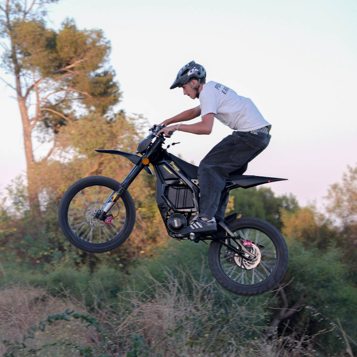 Rider airborne jumping on Freego Nova5 electric dirt bike, wooded outdoor background at dusk