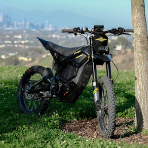 Freego Nova5 electric dirt bike parked on grass with city skyline in the background, side view product photo
